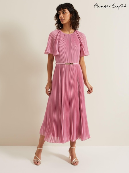 Phase Eight Pink Kathleen Pleated Plain Midi Dress (E28180) | 481 QAR