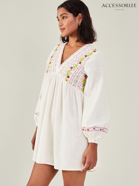 Accessorize Natural Floral Embroidered Mini 100% Cotton Dress (E28220) | €27