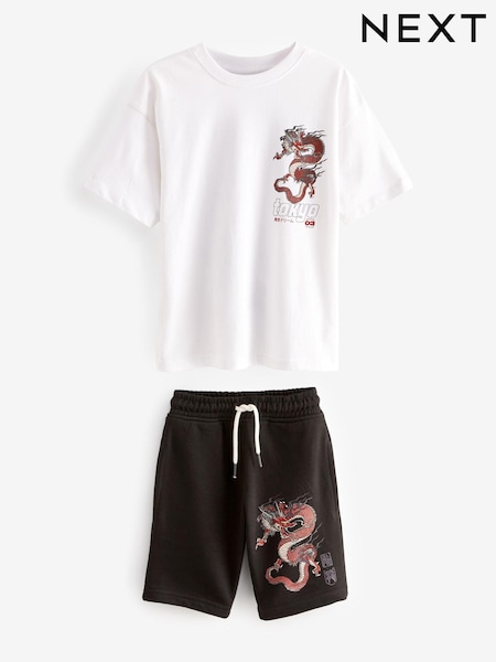 Bela/črna zmaj - Relaxed Fit Graphic Short Sleeve 100% Cotton T-Shirt And Shorts Set (3-16yrs) (E28221) | € 15 - € 21
