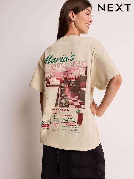 Neutral American Diner Print Slogan Back 100% Cotton Graphic T-Shirt (E28322) | €8