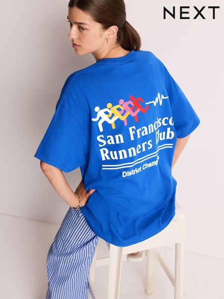 Blau/Kobalt - Relaxed Fit Slogan 100% Cotton Graphic San Francisco Runners Club T-Shirt (E28328) | 6 €