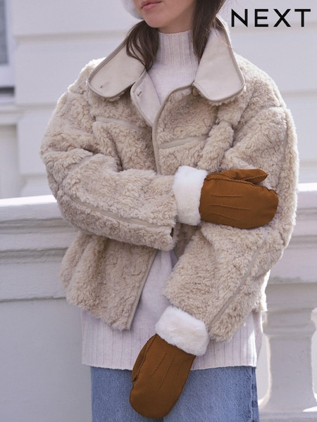 Tan Brown Leather Suede Mittens (E28414) | AED73