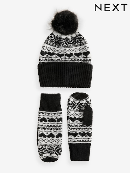 Black/White Knitted Pom Mittens Set (E28436) | €13.50