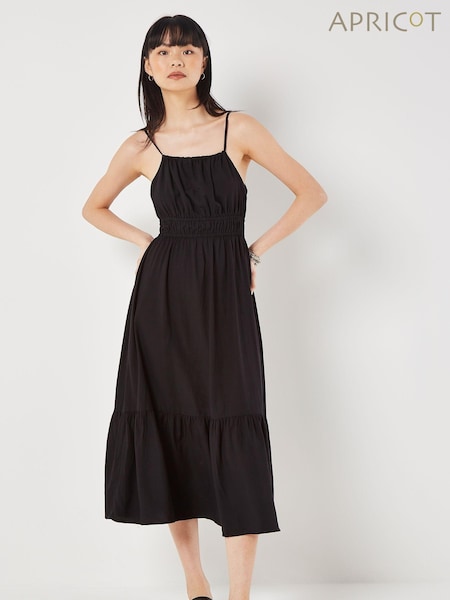 Apricot Black Halterneck Ramie Smock Midi Dress (E28450) | €27