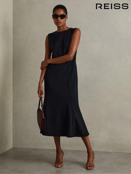 Reiss Navy Cassie Fit-and-Flare Split Sleeve Midi Dress (E28590) | €273