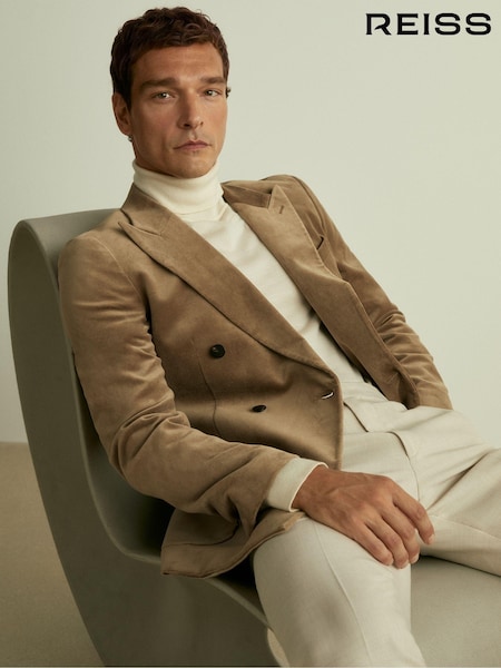 Reiss Taupe Brown Royale Velvet Double-Breasted Blazer (E28591) | AED2,362