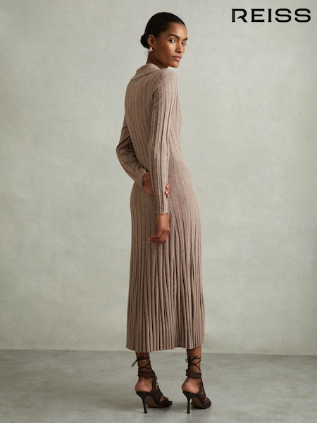 Reiss Neutral Winnie Petite Knitted Open-Collar Midi Dress (E28592) | €57