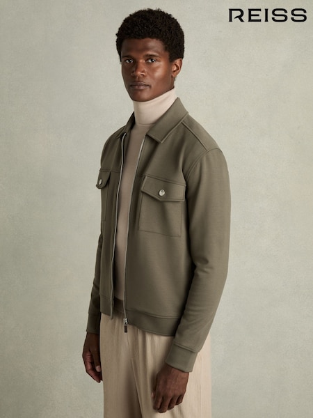 Reiss Sage Green Medina Interlock Jersey Zip-Through Overshirt (E28593) | 1,235 QAR