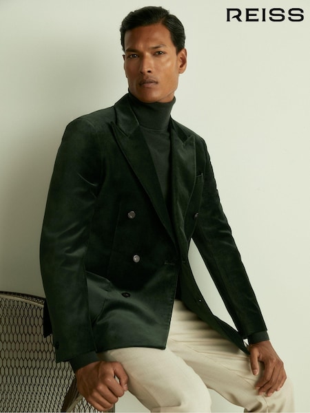 Reiss Forest Green Royale Velvet Double-Breasted Blazer (E28598) | AED2,362