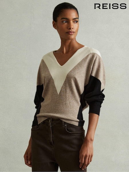 Reiss Neutral/Black Esme Wool Blend Colourblock V-Neck Jumper (E28601) | €73