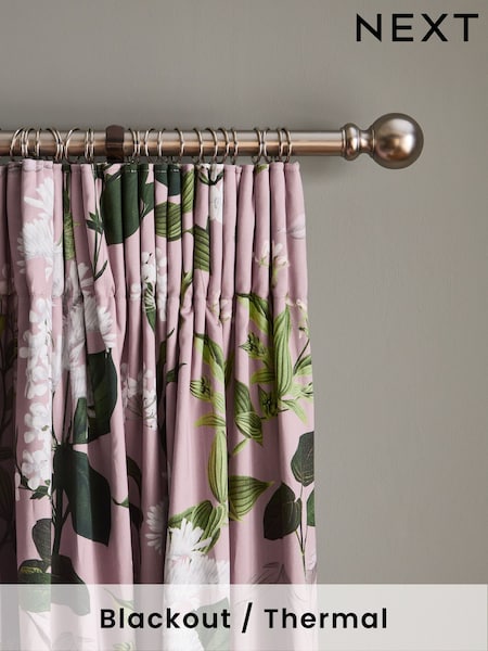 Mauve Purple Sateen Floral Print Blackout/Thermal Pencil Pleat 100% Cotton Curtains (E28640) | 7,660 ISK - 17,615 ISK
