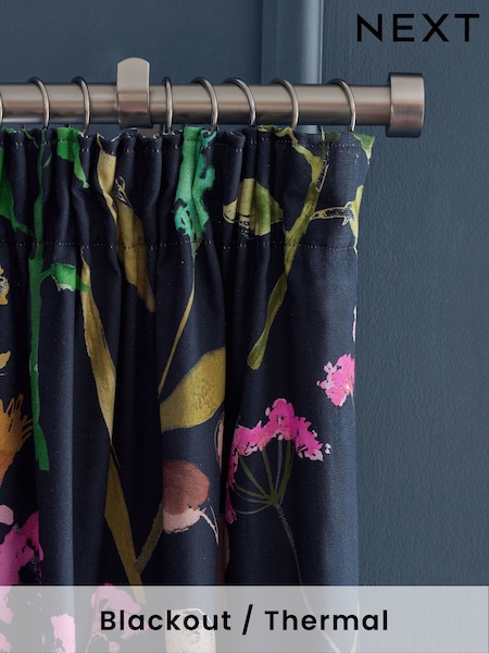 Navy Blue/Pink Isla Floral Print Pencil Pleat Blackout/Thermal 100% Cotton Curtains (E28644) | $112 - $246