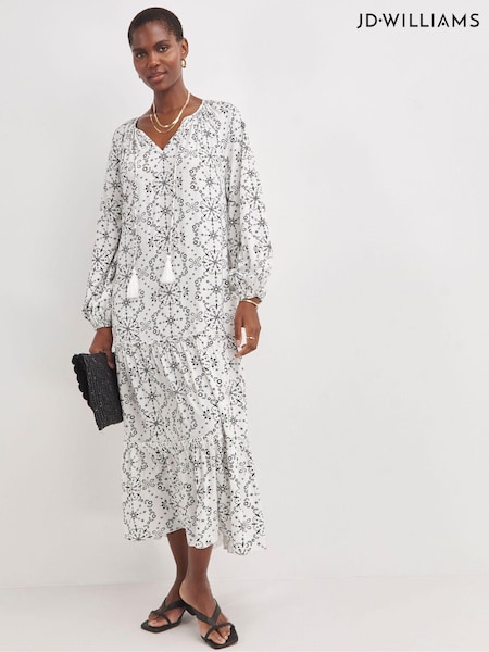 JD Williams White Printed Volume Tiered Smock Dress (E28675) | €32