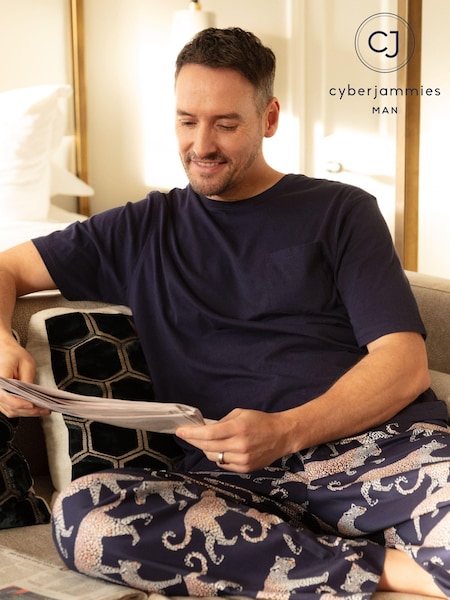 Cyberjammies Blue Mens Printed Pyjamas Bottoms and Solid Jersey T-Shirt (E28761) | €32