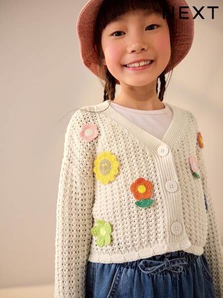 בז' - Crochet Flower Print 100% Cotton Cardigan (3-16yrs) (E29008) | ‏88‏₪ - ‏109‏ ₪
