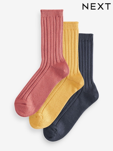 Navy/Ochre/Rust Ribbed Super Soft Heavyweight Ankle Socks 3 Pack (E29061) | €14