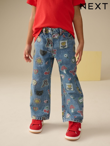 Mid Blue Printed - Wide Leg Jeans (3-16yrs) (E29115) | ‏84‏₪ - ‏105‏ ₪