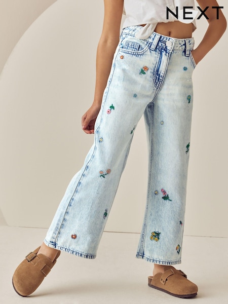 כחול בהיר - Floral Embroidered Wide Leg 100% Cotton Jeans (3-16yrs) (E29120) | ‏75‏₪ - ‏96‏ ₪