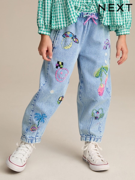 Mid Blue Pull On Embroidered Barrel 100% Cotton Jeans (3-16yrs) (E29129) | R$ 195 - R$ 245