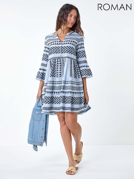 Roman Blue Aztec Style Print 100% Cotton Smock Dress (E29166) | €34