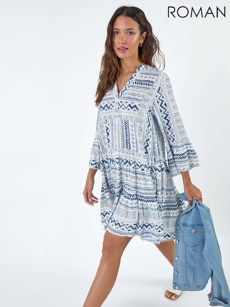 Roman Blue Aztec Style Print Frill Pocket Dress (E29168) | AED153