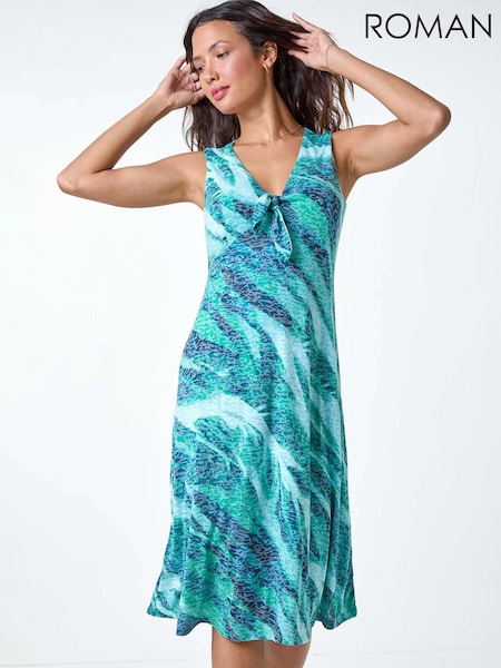Roman Green Burnout Abstract Knot Front Stretch Dress (E29175) | €59