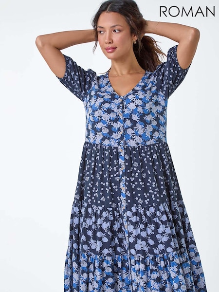 Roman Blue Floral Cotton Blend Tiered Smock Dress (E29184) | €58