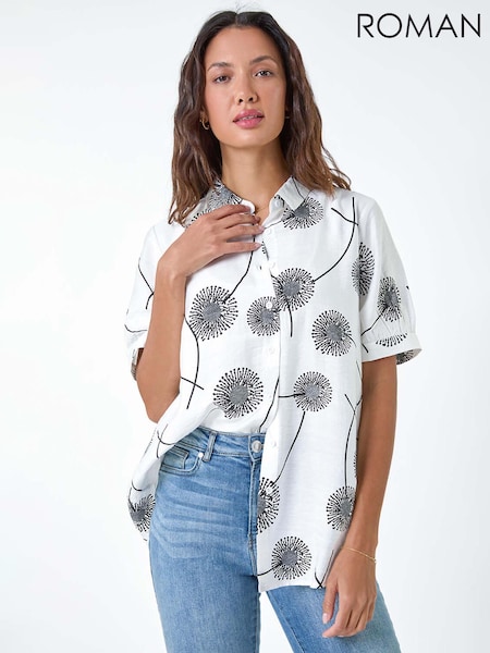 Roman White Cotton Blend Dandelion Print Shirt (E29188) | ₪201
