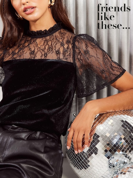 Friends Like These Black Velvet Lace Yoke Flutter Sleeve Blouse (E29296) | €20