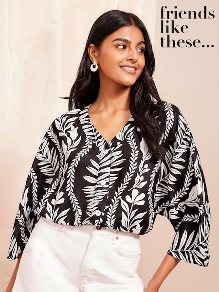שחור/לבן - Friends Like These 3/4 Sleeve Button Through Blouse (E29298) | ‏171‏₪