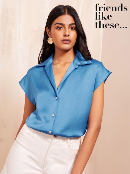Friends Like These Blue Short Sleeve Satin Button Through Shirt (E29301) | €49