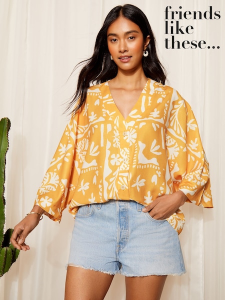 צהוב - Friends Like These 3/4 Sleeve Button Through Blouse (E29303) | ‏171‏₪