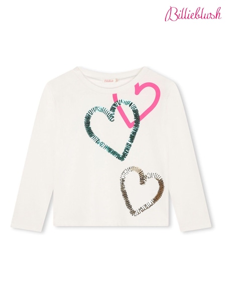 Billieblush Sequin Heart Long Sleeve 100% Cotton White T-Shirt (E29726) | 146 LEI