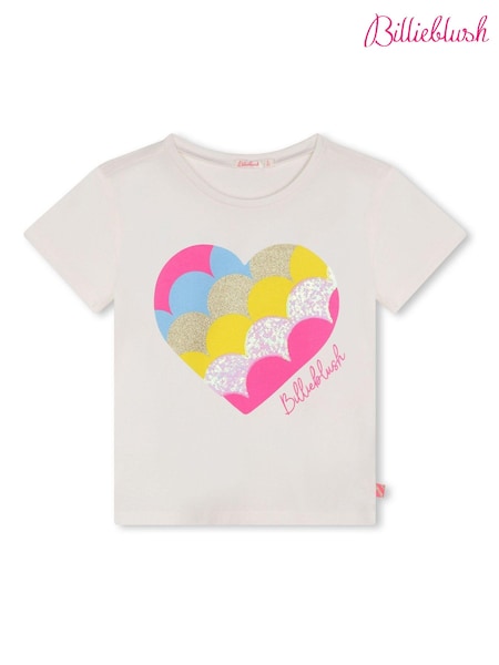 Alb - Tricou Billieblush 100% bumbac cu mânecă scurtă, imprimeu cu logo inimă sclipitoare (E29730) | 125 LEI