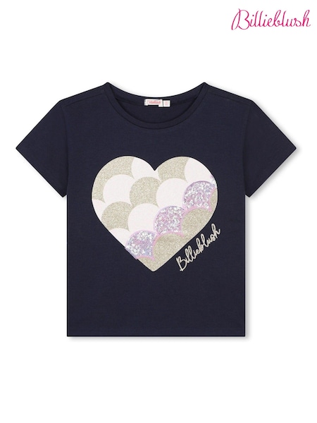 Albastru - Tricou Billieblush 100% bumbac cu mânecă scurtă, imprimeu cu logo inimă sclipitoare (E29733) | 146 LEI