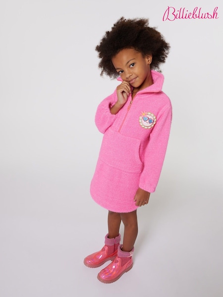 Billieblush Pink Quauter Zip Fluffy Textured Jumper Dress With Front Pocket (E29735) | AED201