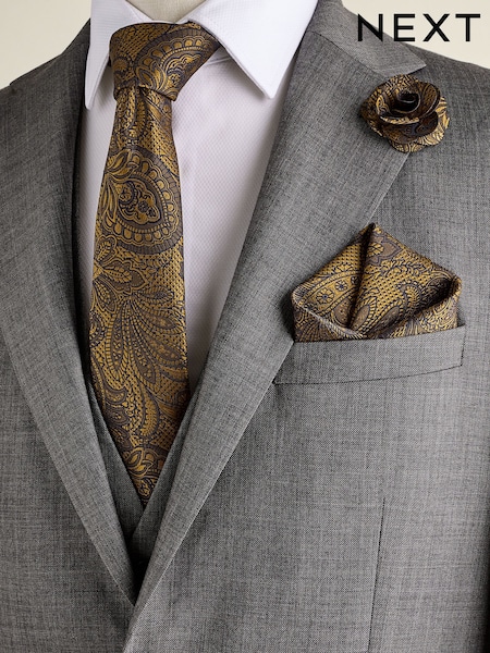 Ochre Yellow Textured Paisley Tie, Pocket Square And Pin Set (E29805) | 49 QAR
