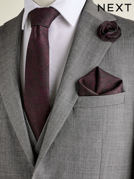 Burgundy Red Textured Paisley Tie, Pocket Square And Pin Set (E29806) | 69 QAR