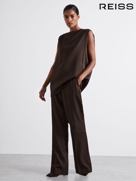 Reiss Chocolate Camille Atelier Satin Tunic Top with Wool (E29866) | €406
