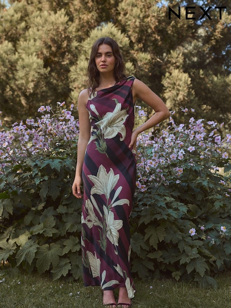Purple/Black Stripe Floral Kew Collection Cowl Neck Maxi Dress (E29874) | €18