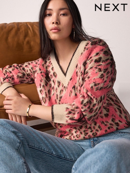 Pink Star Leopard Animal V-Neck Jumper (E29965) | €15