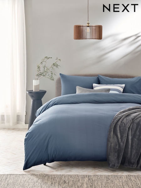 Blue Mid Cotton Rich Plain Duvet Cover and Pillowcase Set (E30000) | €20 - €50
