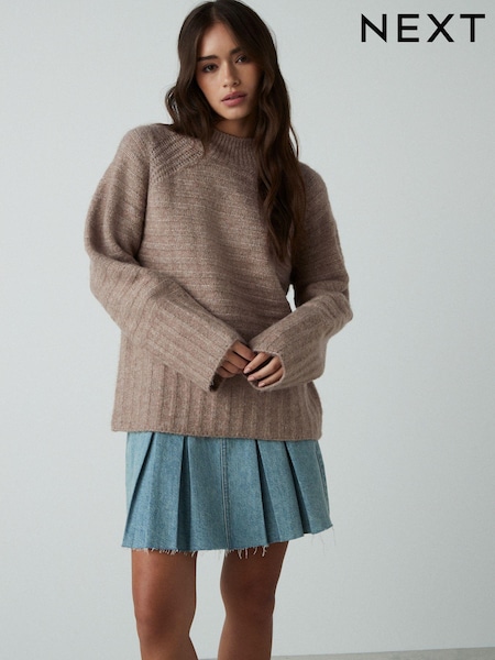 Neutral Brown High Neck Textured Knitted Jumper with Wool (E30038) | €26