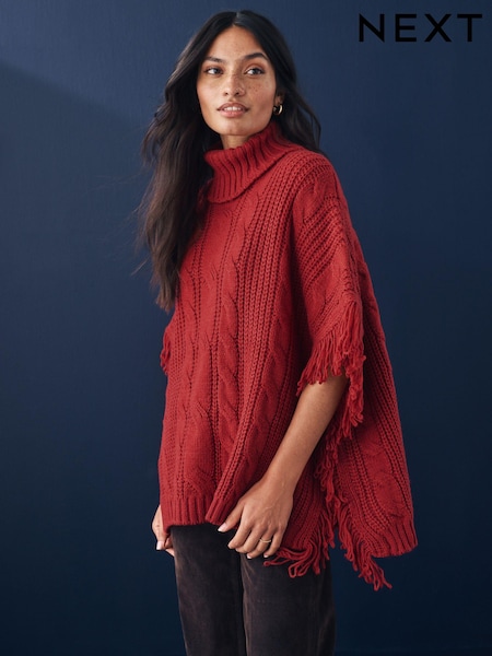 Red High Roll Neck Fringe Knitted Cape Cardigan With Wool (E30039) | €12
