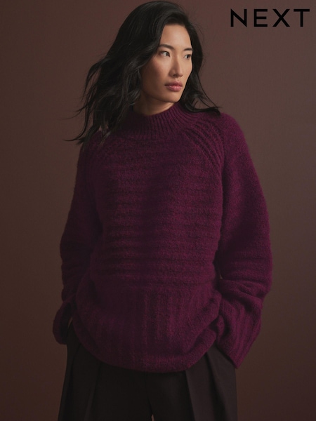 Burgundy Red High Neck Textured Knitted Jumper with Wool (E30042) | AED102