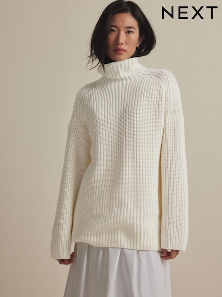 White Ecru Roll High Neck Ribbed Longline Knitted Jumper with Wool (E30044) | €27