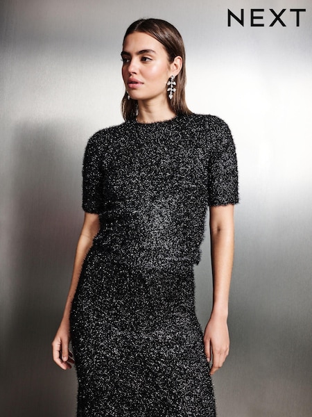 Black Sparkle Tinsel Short Sleeve Knitted T-Shirt Jumper (E30046) | €13