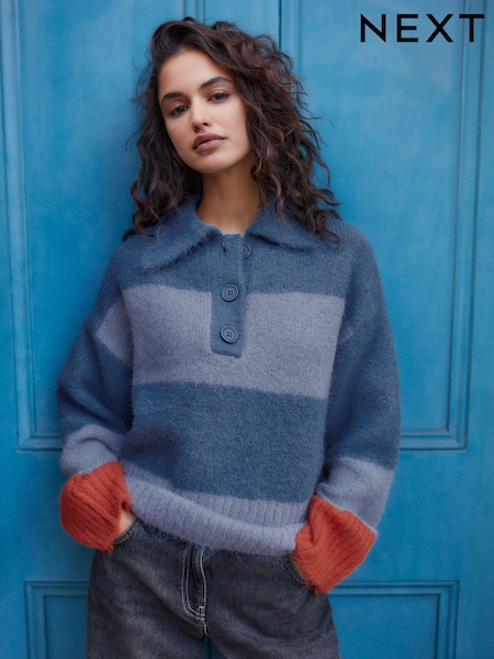 Navy Blue Stripe Collared Polo Knitted Jumper with Wool (E30048) | 1,343 UAH