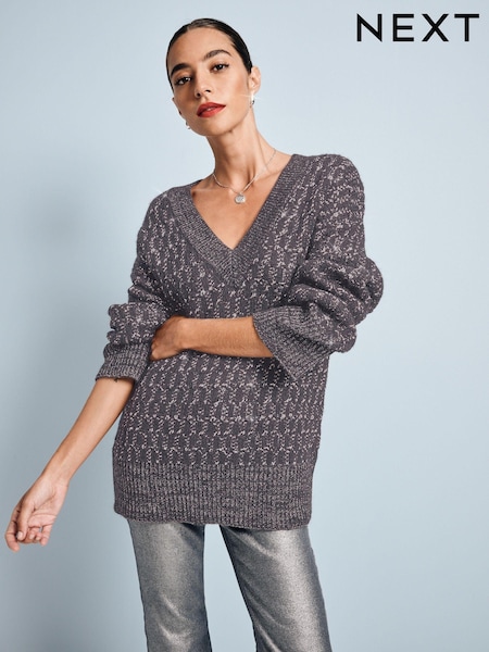 Серый угольный - Co-ord Sparkle Patterned V-Neck Knitted Jumper (E30049) | €11