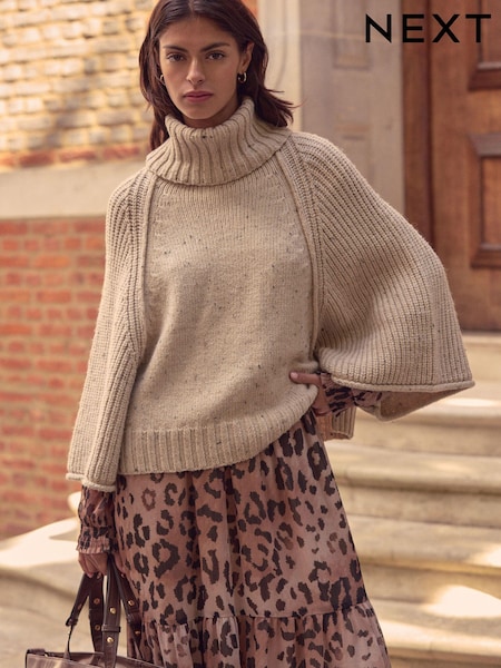 écru - Roll Neck Knitted Poncho (E30125) | 54 €